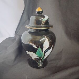 6" Black Porcelain Ginger Jar Lidded Fine China Japan Cala Lily Flowers Gold